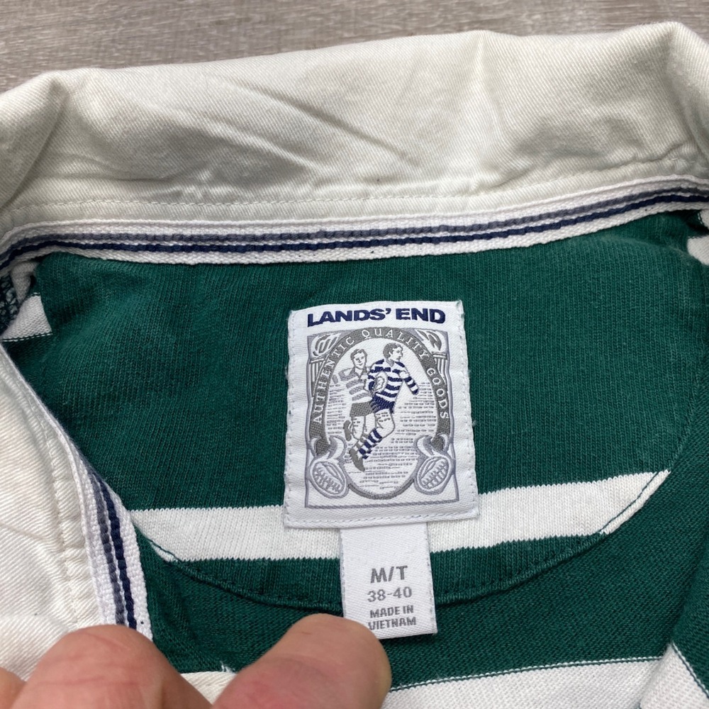 Lands End Rugby Shirt Mens Med Tall 100% Cotton Green White Stripe Long Sleeve - Picture 3 of 8